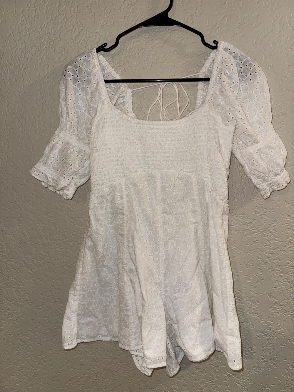 Kimchi Blue White Eyelet Smocked Square-Neck Tunic with Puff Sleeves